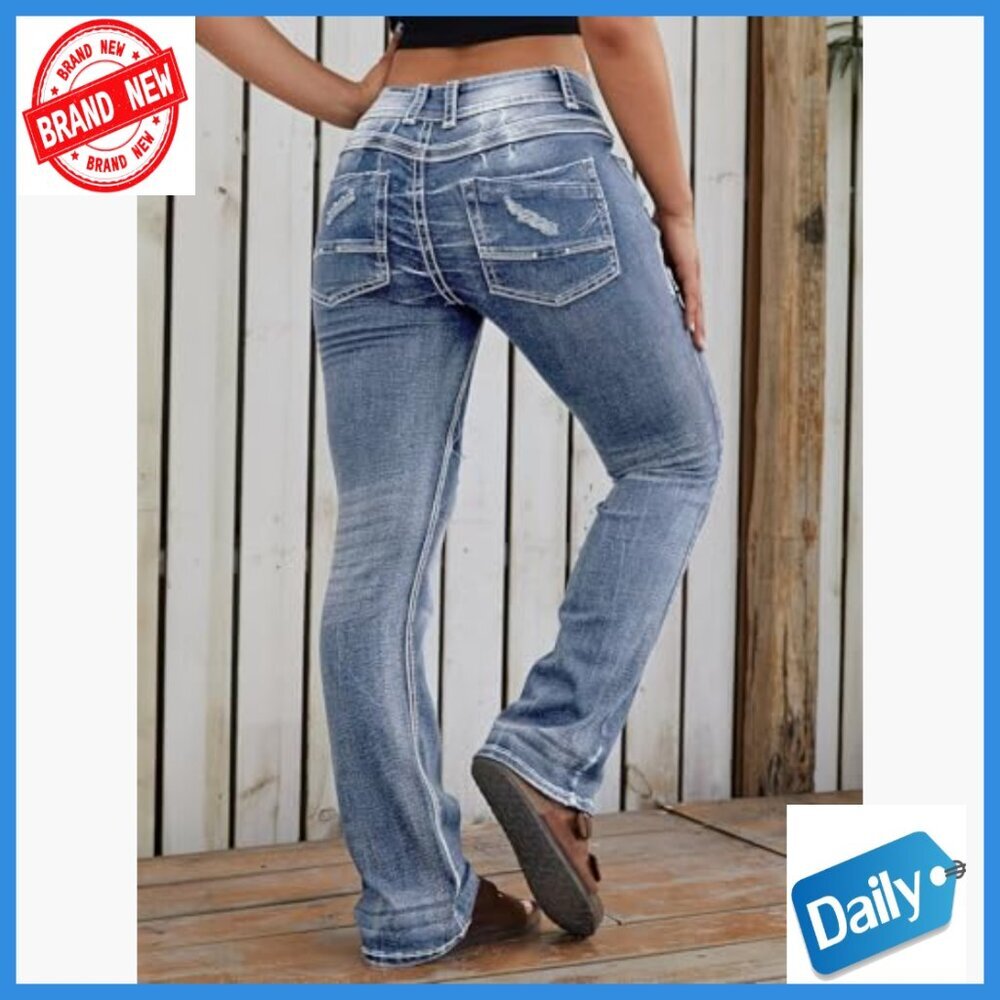 Low Rise Bootcut Jeans Distressed Ripped Denim Pants Regular Fit - Picture 2 of 5